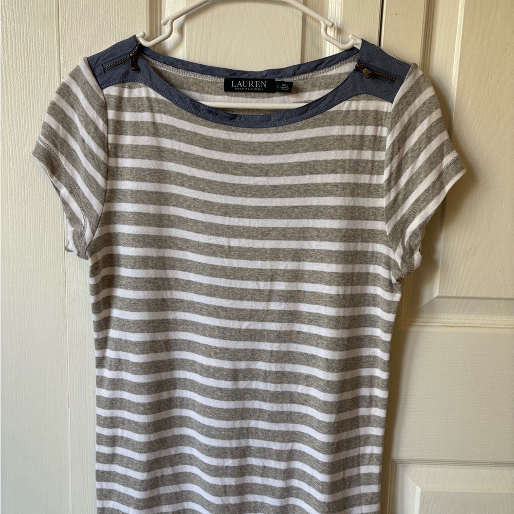 Ralph Lauren Gray and White Striped  Short Sleeve Tee